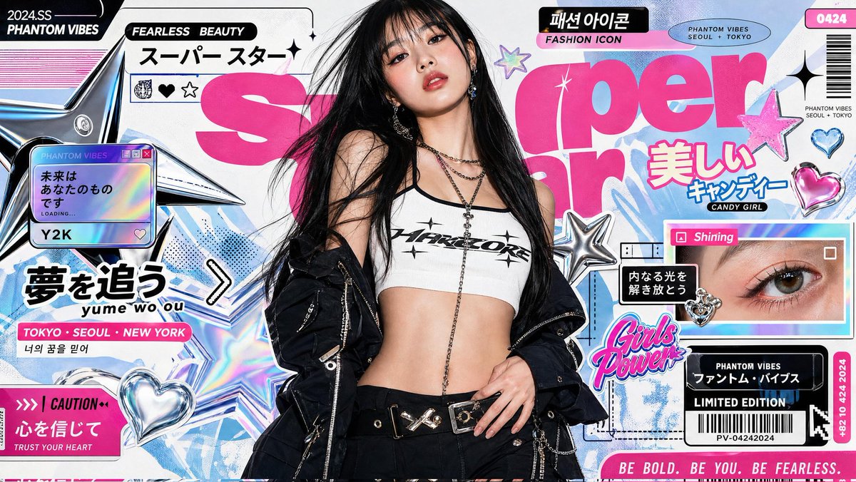 Ultra-stylized high-fashion editorial poster of a confident young Asian female model standing in