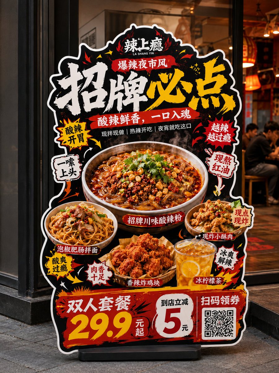 请生成一张高完成度的「餐饮异形展架 / 立牌」设计图，用于展示餐饮门店的新品推荐、招牌产品、套餐促销或品牌活动信息。 4