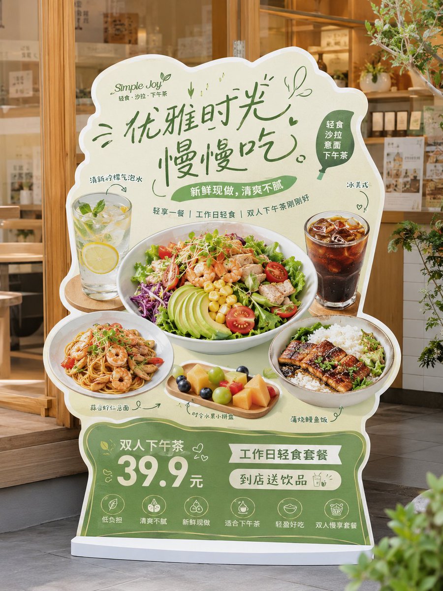 请生成一张高完成度的「餐饮异形展架 / 立牌」设计图，用于展示餐饮门店的新品推荐、招牌产品、套餐促销或品牌活动信息。