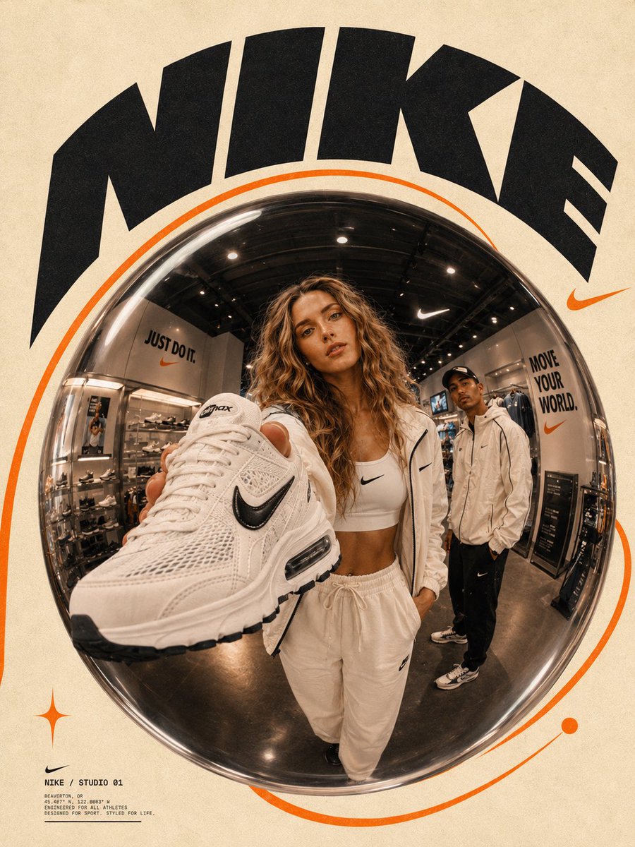 Ultra-stylized futuristic brand campaign poster inside a premium flagship store or branded exper 4